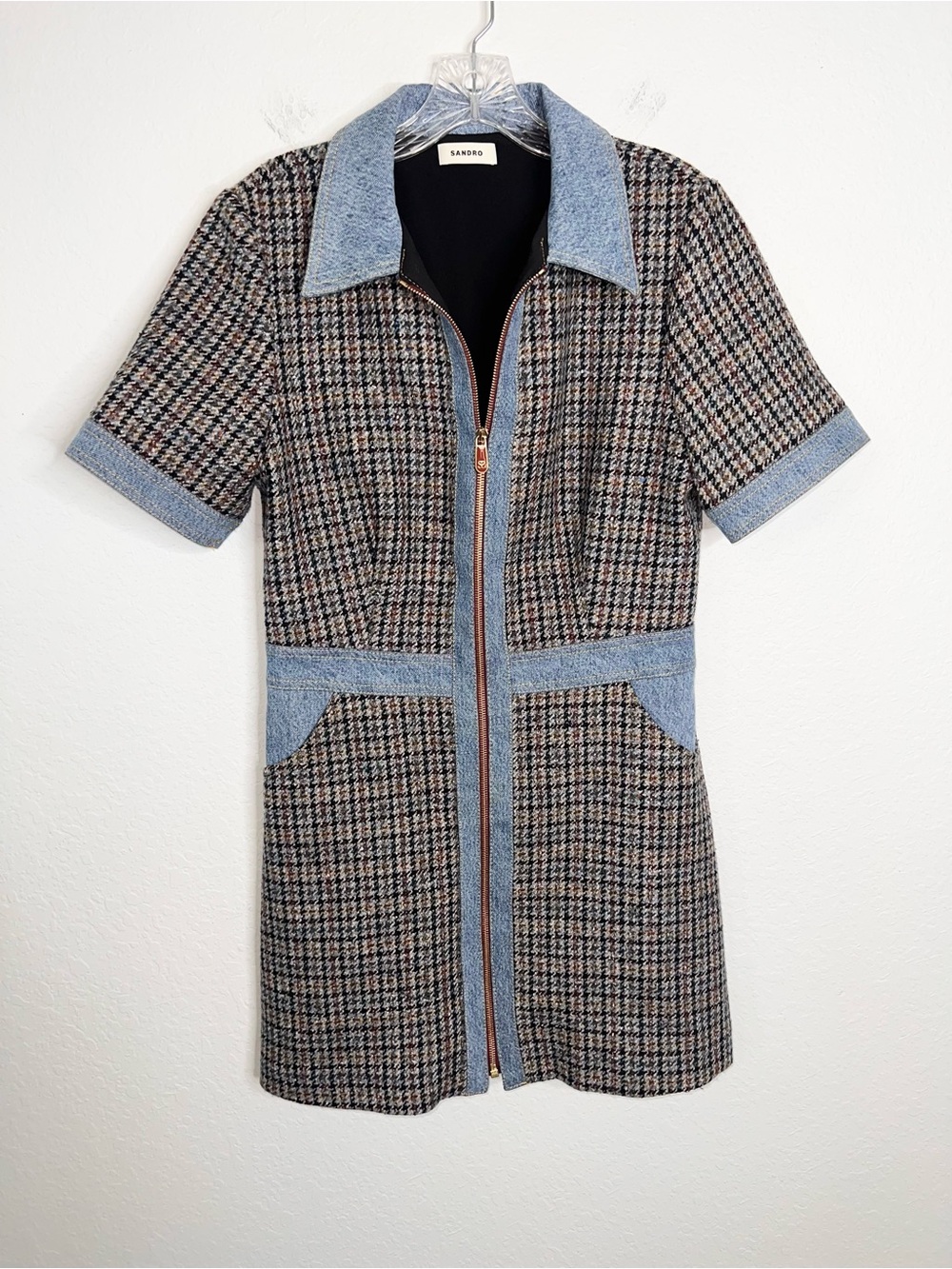 Sandro Paris Tweed Mini Dress Women’s Size 6 Medium Denim Short Zip Up